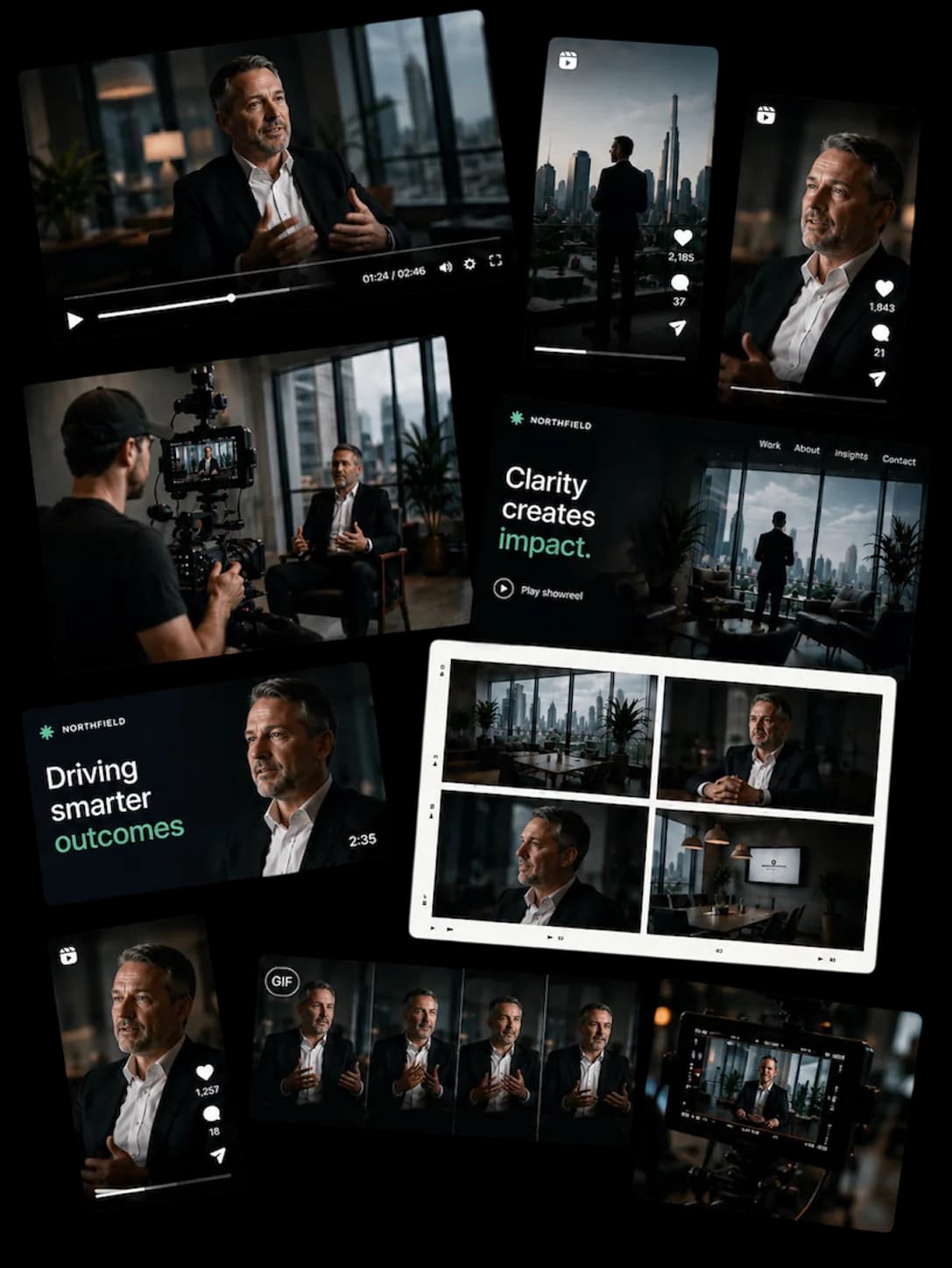 A campaign content collage featuring a business leader in a city office.