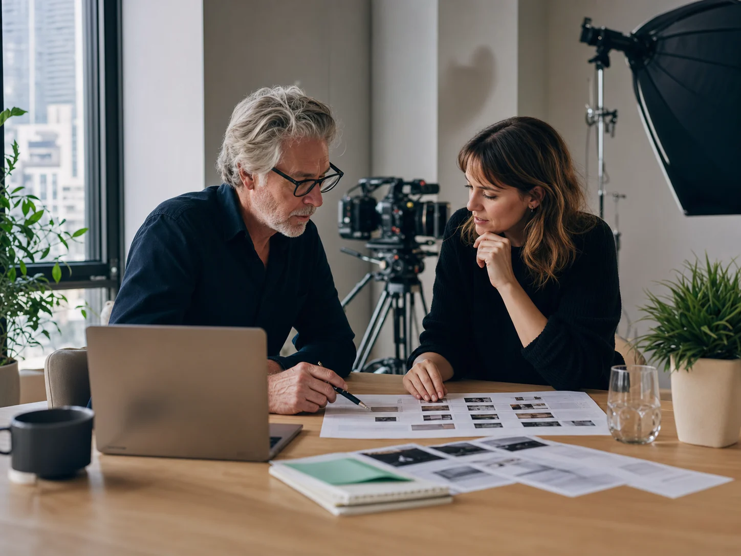 A producer and marketing strategist planning a video shoot together.