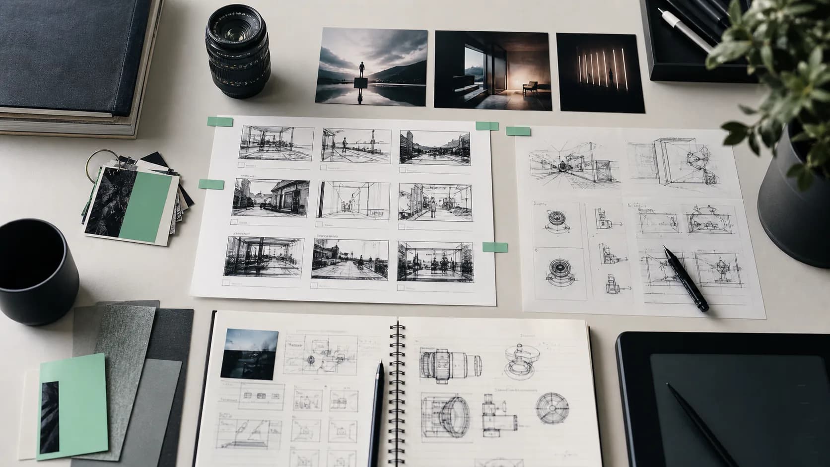 Storyboards and creative references arranged on a production desk.