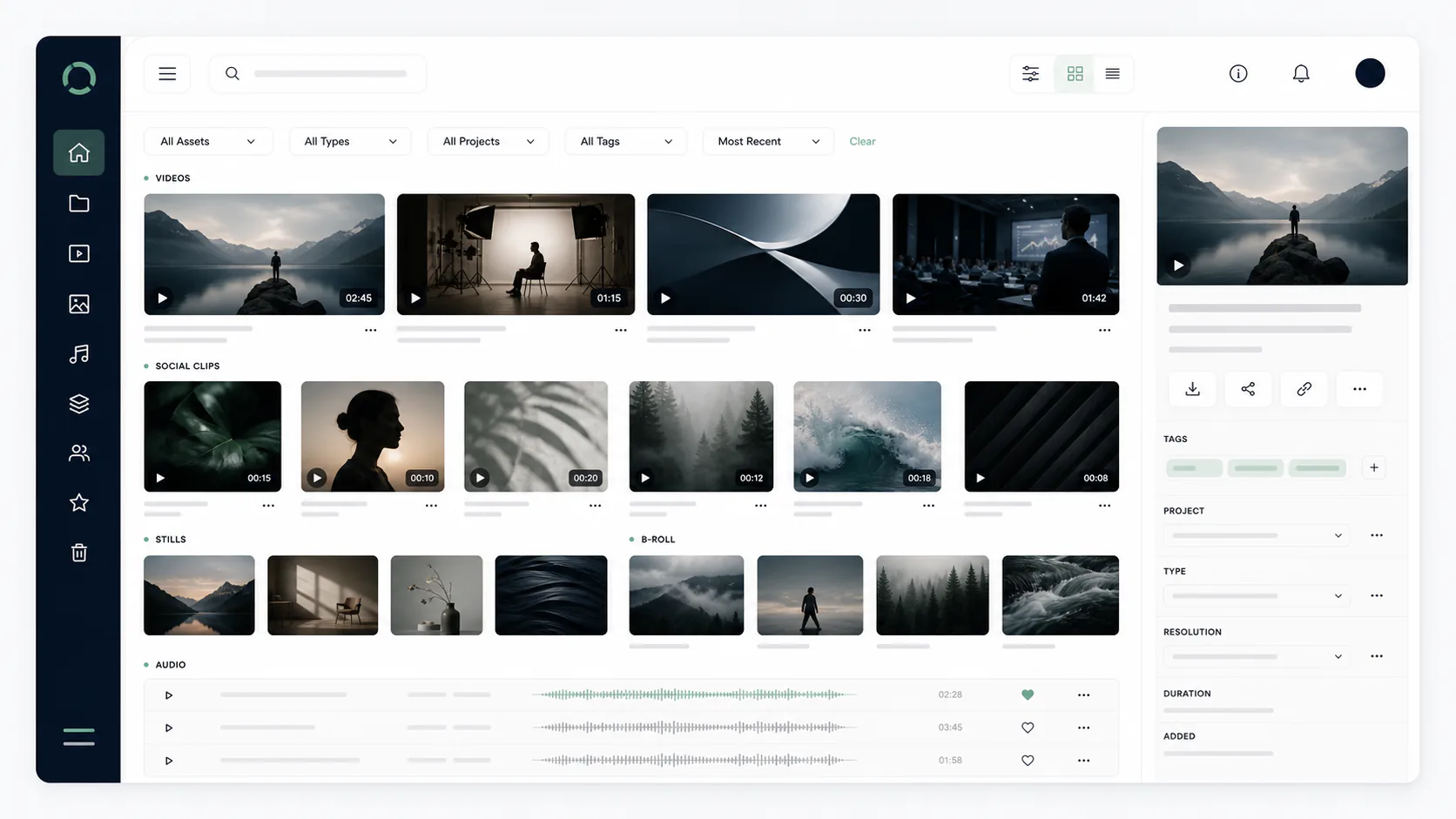 A content library dashboard with organised video and brand assets.
