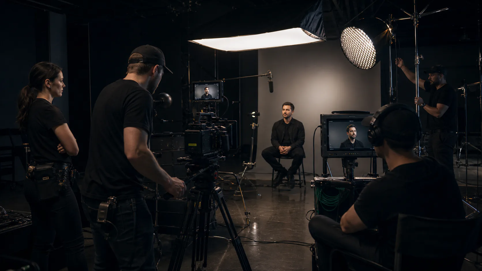 Film crew capturing an interview in a studio.