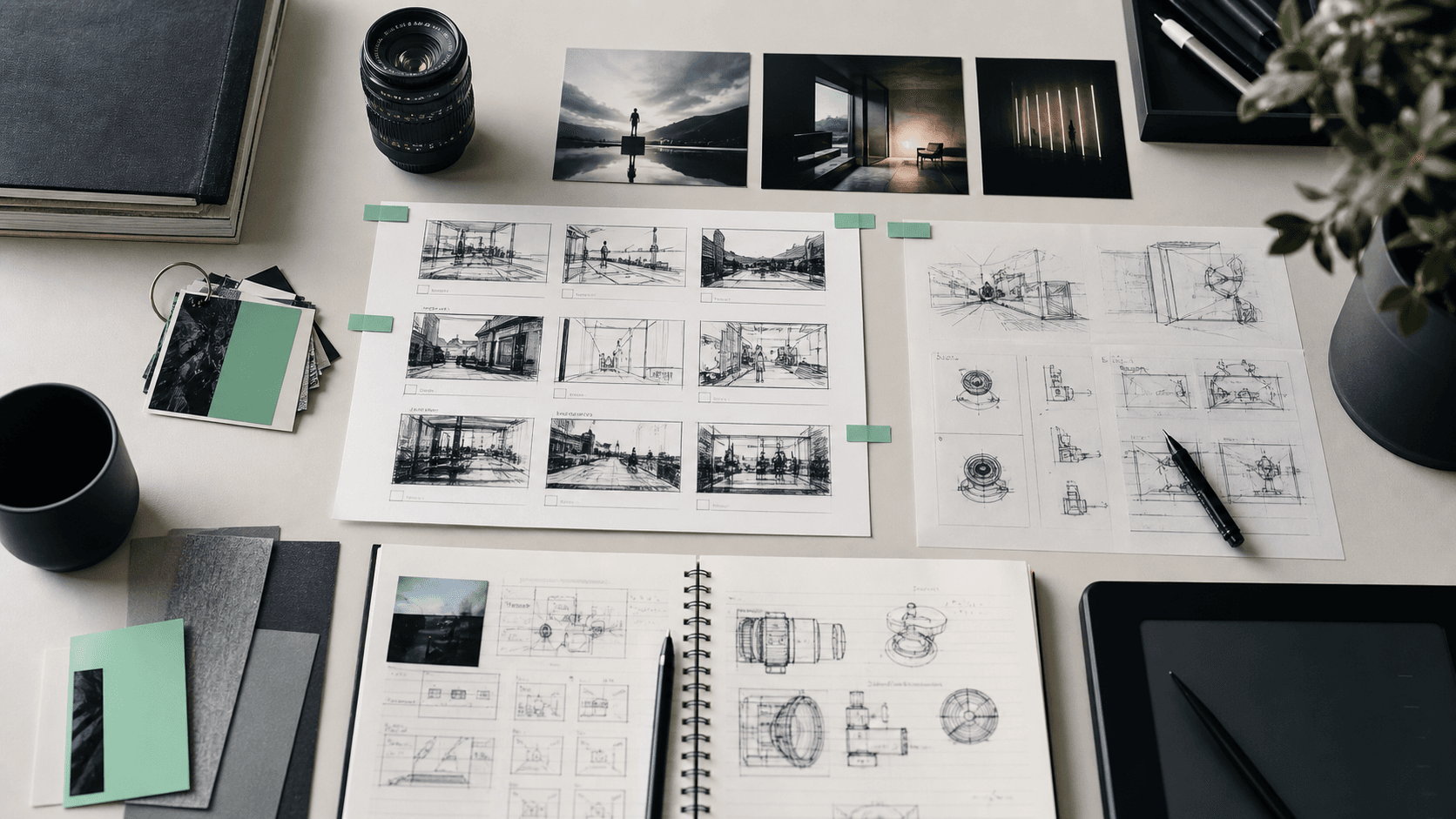 Storyboards and creative references arranged on a production desk.