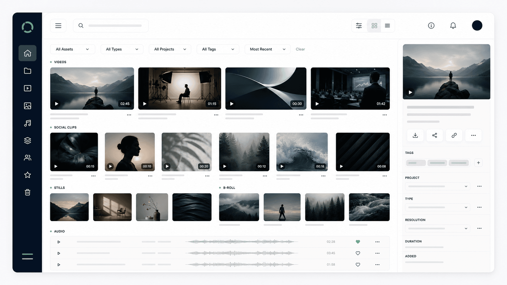 A content library dashboard with organised video and brand assets.