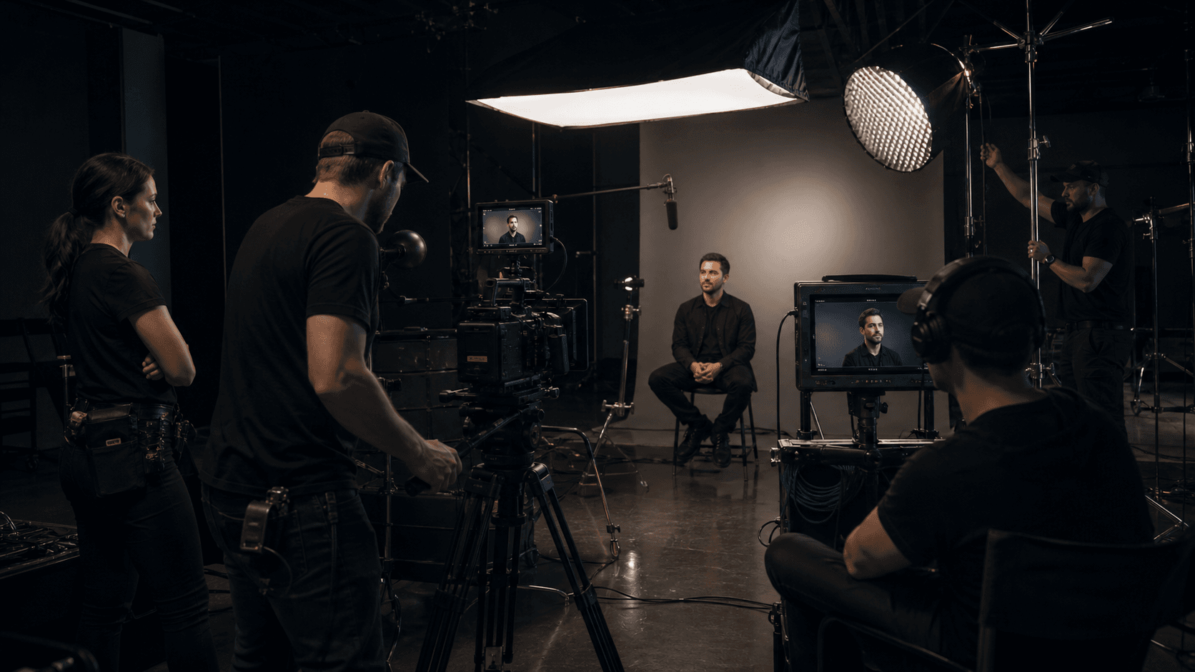 Film crew capturing an interview in a studio.