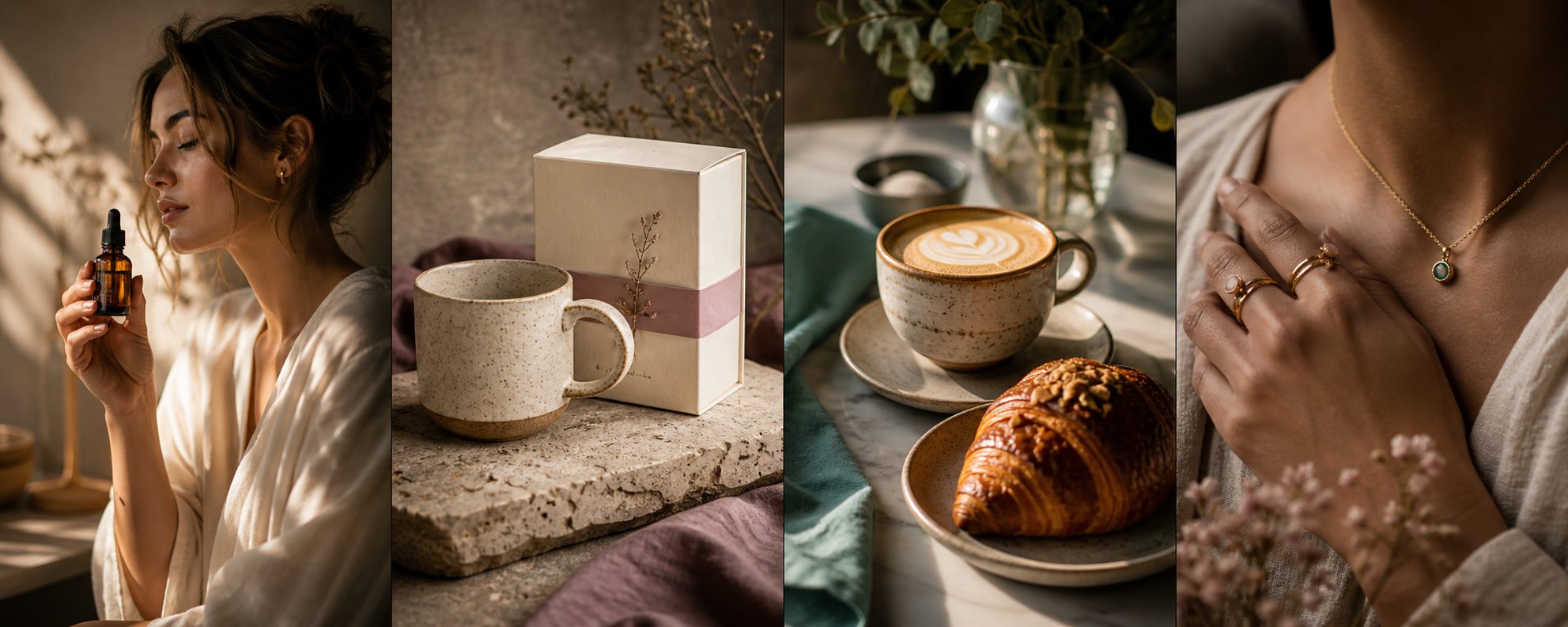 Generated campaign imagery examples for skincare, ceramics, cafe menu photography and jewellery