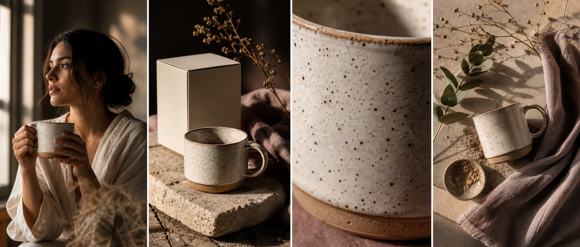 Campaign image mosaic for handmade ceramics, packaging, model imagery and product details