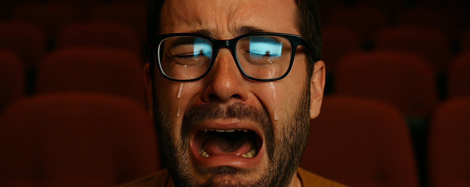 A film viewer crying in a cinema seat