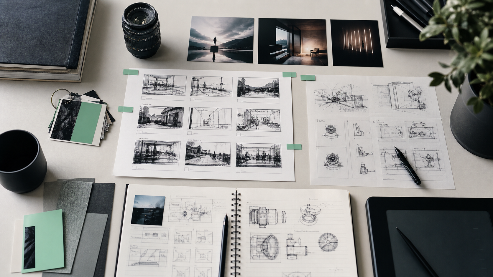 Storyboards and creative references arranged on a production desk.