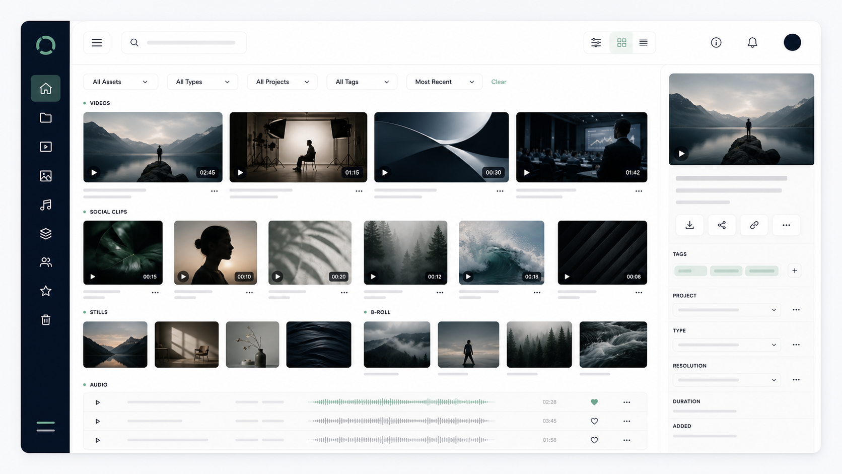A content library dashboard with organised video and brand assets.